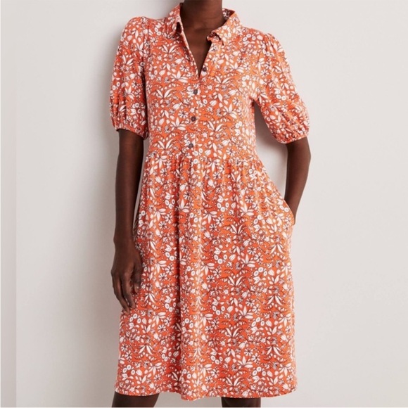 Boden Floral Print Mini Jersey Shirt Dress Short Sleeves Pockets Collar 8R - Picture 2 of 9